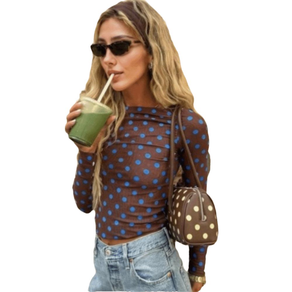 Leopard Polka Dot T-Shirt Transparent Y2k Crop Top Breathable Long Sleeve T-Shirt Date Night
