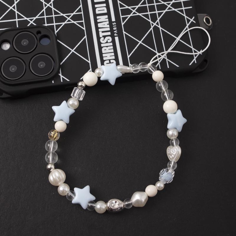 

Electroplated Pearl Chain Phone Lanyard with Starfish & Bear Charms - Anti-Drop Wrist Strap Blue Star Pearl