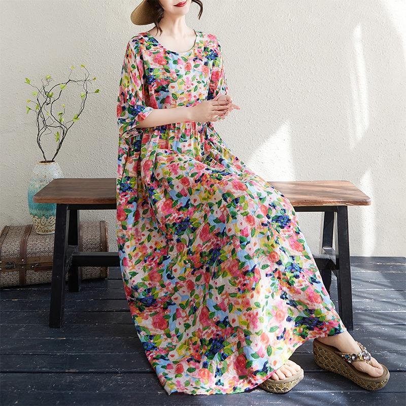 Echter Sommer neues dünnes Baumwoll- und Leinen Rundhals Kurzarm einfaches Blumen Boho mittel und langes Kleid Damen