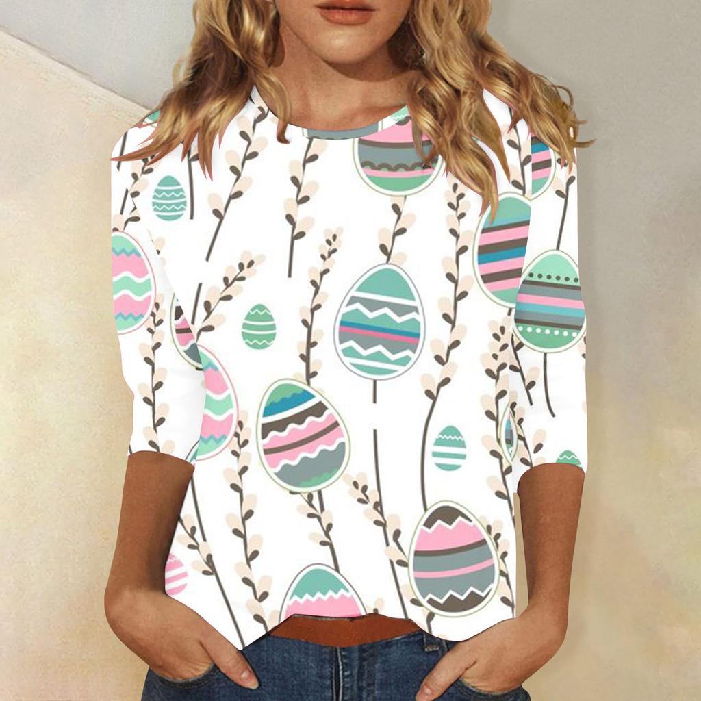 Round Neck 3D Rabbit Festival Printed Top Fashionable Casual Long Sleeved Women's T-shirts
