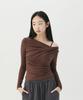 Nubaibeu V-Neck Off-Shoulder Shirred Long Sleeve T-Shirt [Brown]