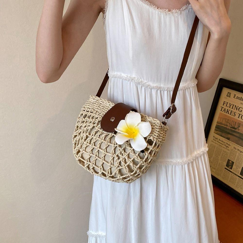 Trendy Bohemian Weave Straw Shoulder Bag Hollowed Out Large Capacity Semicircle Crossbody Bag Handbag Rattan Beach Bag Picnic