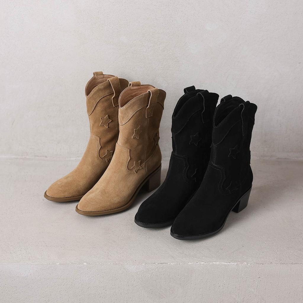 Krazing Pot Cow Suede Nubuck Winter Round Toe Modern Boots Med Heels Slip On Five-Star Decoration Women Mid-calf Boots