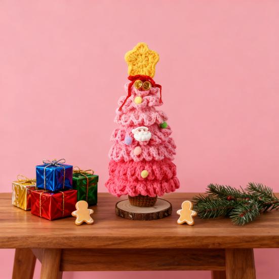 Yousheng Crochet Christmas Tree Small Handmade Multi-layered Knitting Xmas Tree with Woodgrain Base for Winter Tabletop Home Room Party Decor