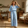 Loose Fit Two Piece Set Women Short Sleeve Button Down Shirt Elastic Waist Wide Leg Pants Casual Outfit for Daily Wear