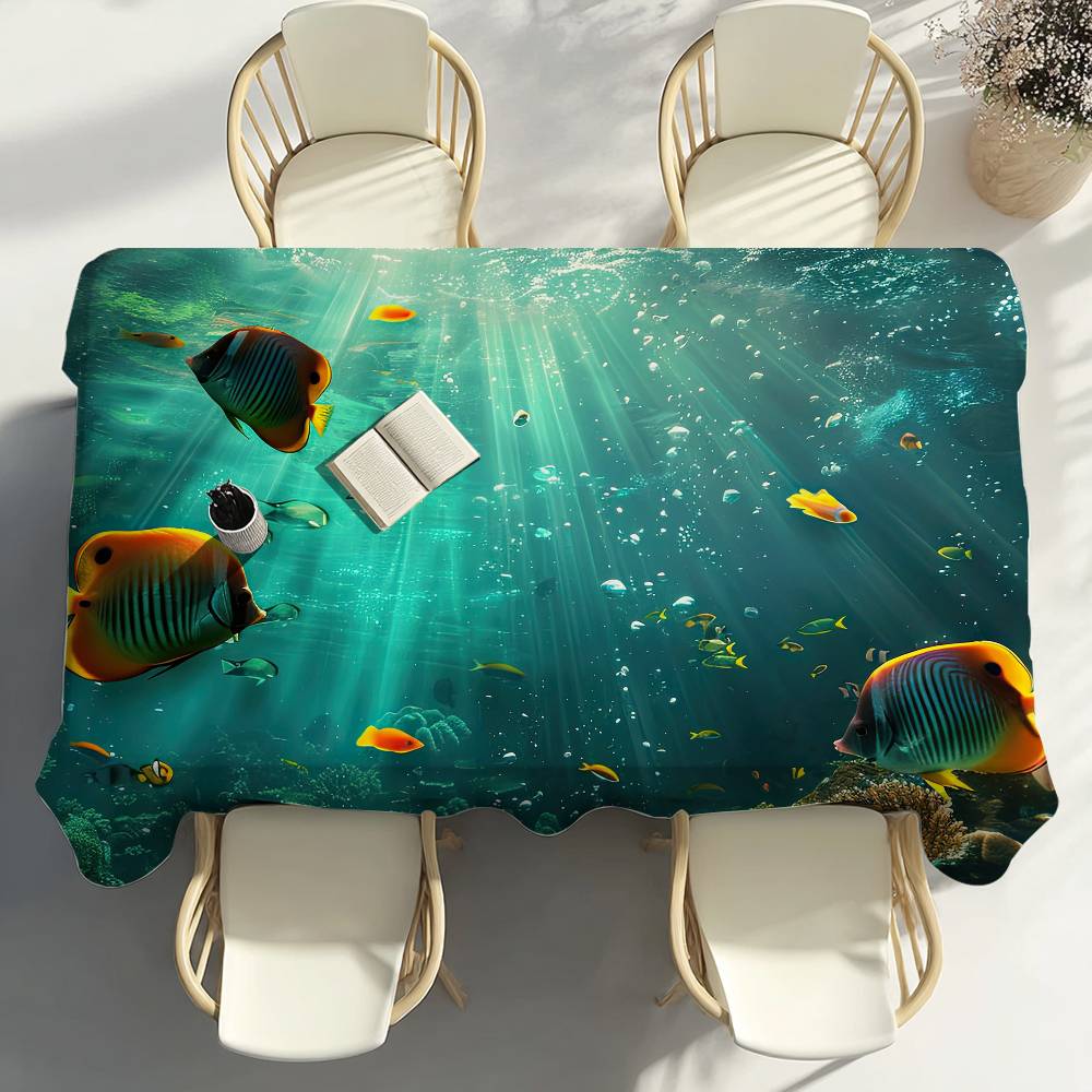 Sea World Fishes Table Cloth Party Decor Dining Room Home Kitchen Patios Waterproof Stain-Proof Table Cloth