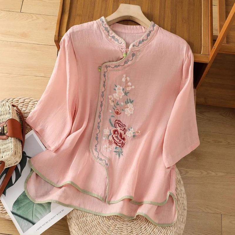 Women's Ethnic Embroidered Chinese Style Cotton-Linen Shirt with Frog Buttons and Seven Sleeves