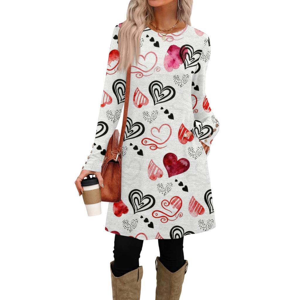 Women's Fashion Casual Pocket Decorative Button Dress Round Neck Long Sleeve Printed Dress