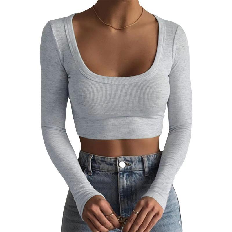Form-Fitting Ribbed Long Sleeve Crop Top With Wide Square Neck