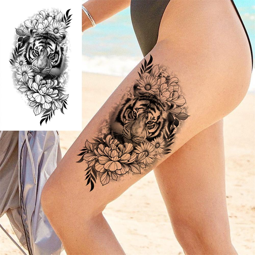 Realistische Nep Pioenroos Tijdelijke Tatoeages Voor Vrouwen Meisje Zwarte Roos Olifant Bloemen Tatoeage Sticker Tijger Anemoon Tatoeages Halfmouw