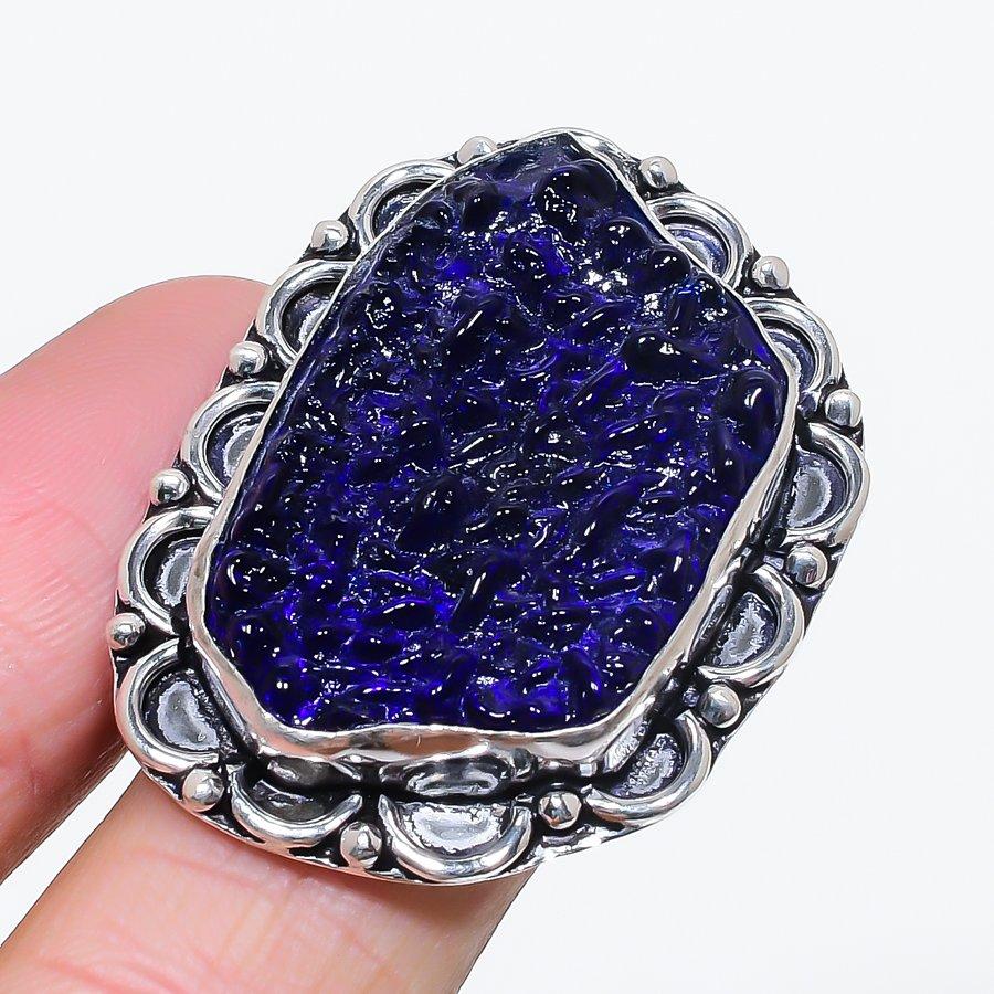Natural Blue Moldavite Quartz 925 Sterling Silver Jewelry Ring Size 9 o7D22