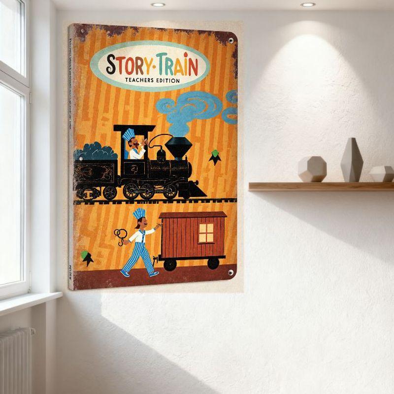 Story Train Teachers Edition Vintage Metal Tin Sign, Retro Whimsical Steam Locomotive Illustration Metal Poster for Educational