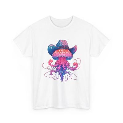 Unisex Adult T Shirt Art Nouveau Jellyfish In a Cowboy Hat Neon Pink Blue Ocean