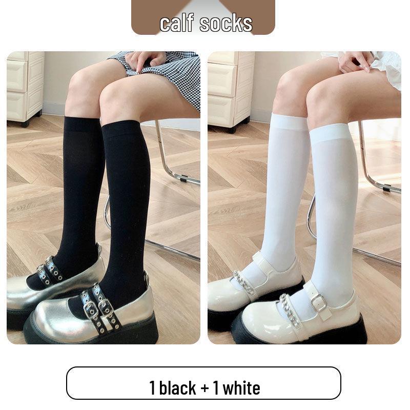 Women's White & Black Japanese Thigh High Silk Stockings - Spring/Summer Velvet Over-the-Knee Socks