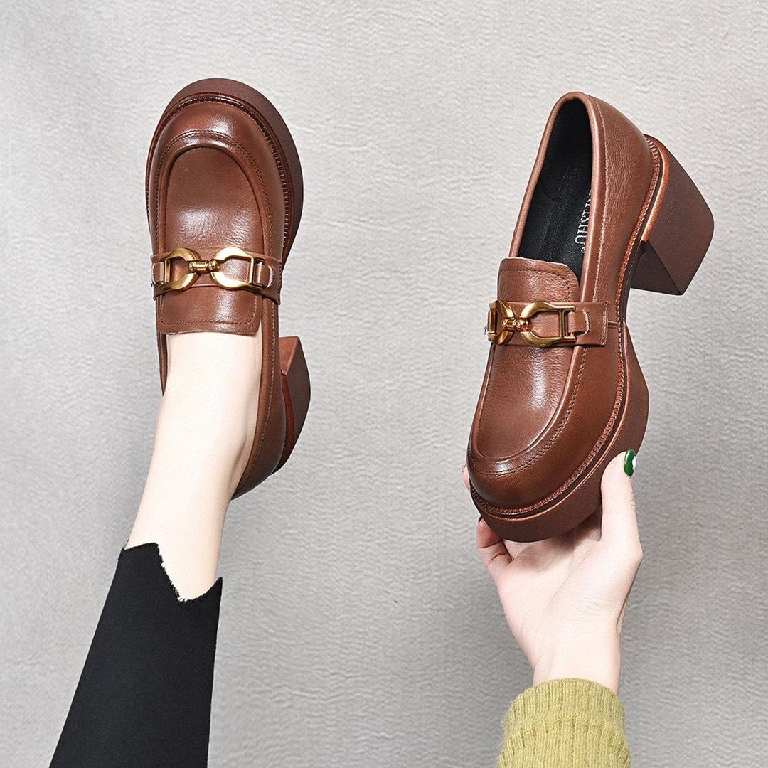 

2025 весенние женские туфли водонепроницаемые туфли на толстом каблуке и платформе одинарные туфли с одной педалью мокасины первый слой из коровьей кожи повседневные женские одинарные туфли 39 коричневый