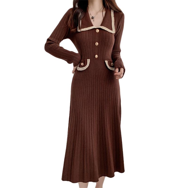 French Long-Sleeve Sweater Dress: Lapel Buttons, Contrasting Colors, High Waist, Slim-Fit Knitted Design