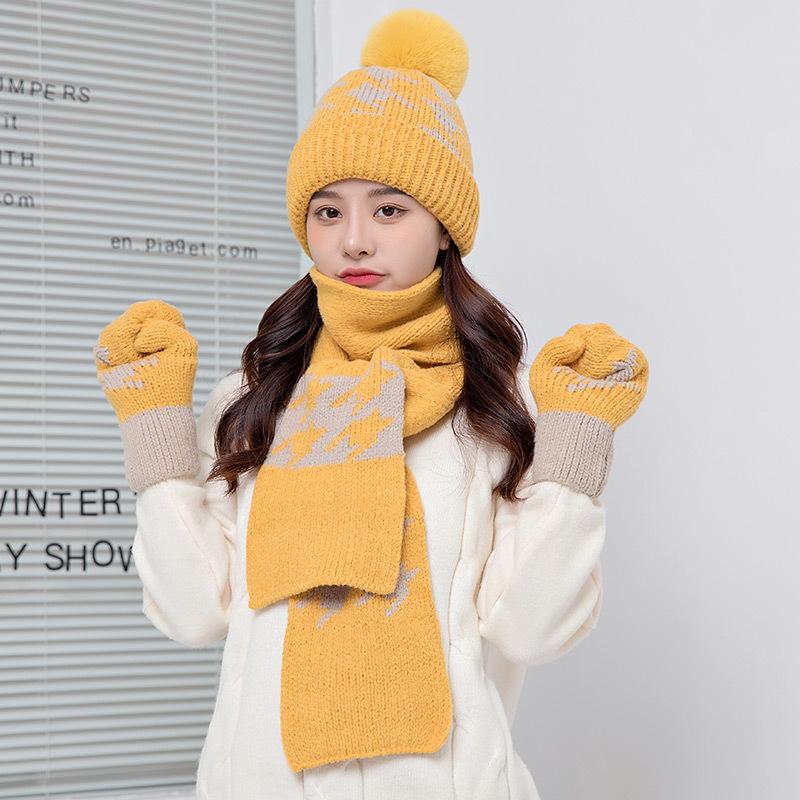 

Gloves Scarf Hat Ladies Winter Fleece Thick Scarf Knitted Hat Outdoor Cycling Cold-proof Wool Scarf Cover Tide hat + scarf + gloves 3-piece set, cold and warm