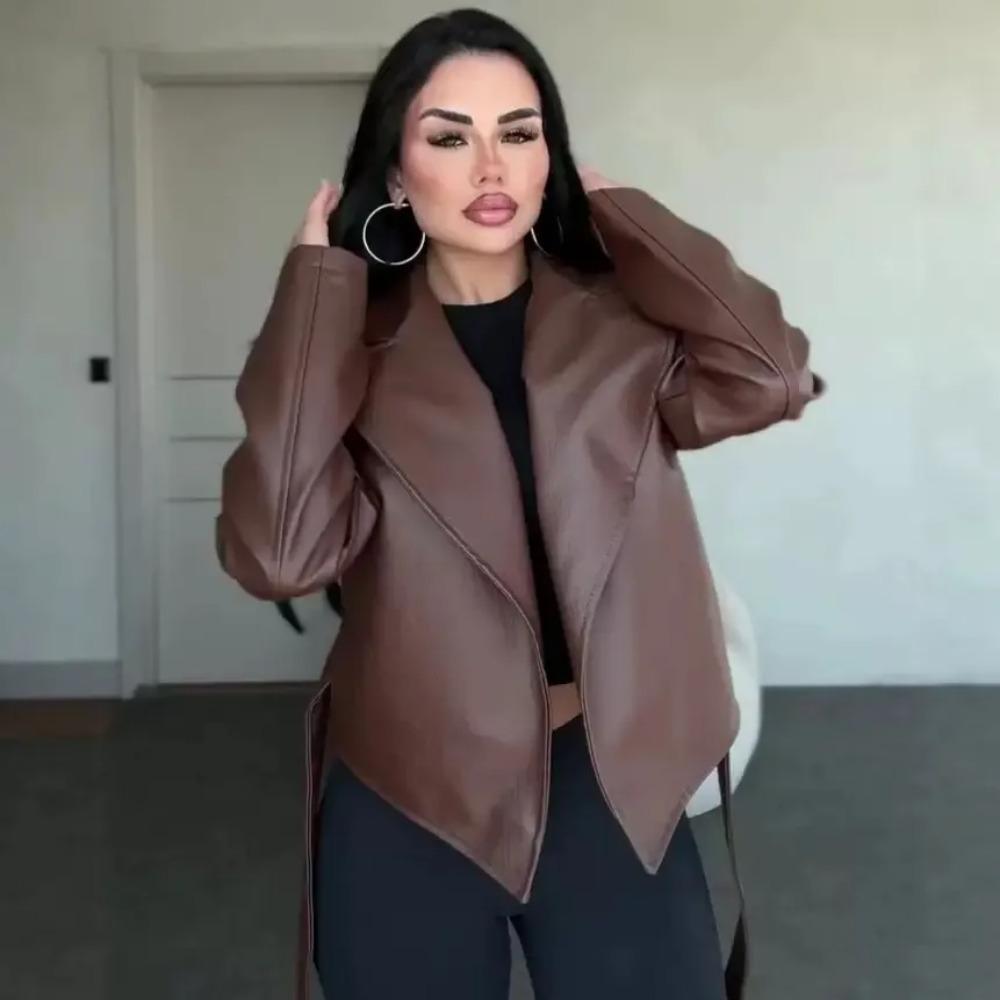 Women's Clothing Motorcycle Cool Strap Temperament Leather Jacket Women With Belt Biker Jacket Coat