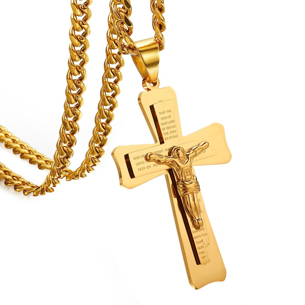Heavy Big Jesus Cross Stainless Steel Pendant for Men Christian Crucifix Chain Necklace Religious Gold Color Jewelry Collar