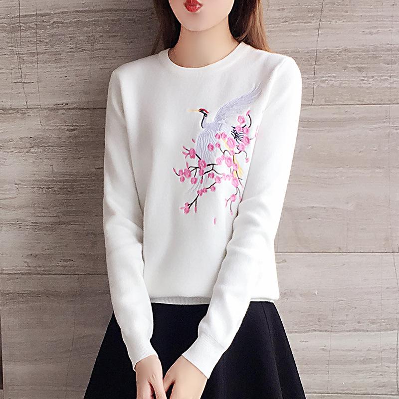 2023 Women's Autumn Embroidered Crane Knit Pullover: Slimming Long Sleeve Base Layer Top