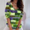 Color Blocked Plaid V-neck Top for Women, Fashionable Contrasting Loose Casual T-shirts