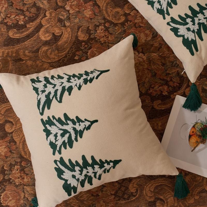 Towel Embroidery Holiday Pillowcase Christmas Tree Designs Breathable Cotton Linen Bedding Decoration