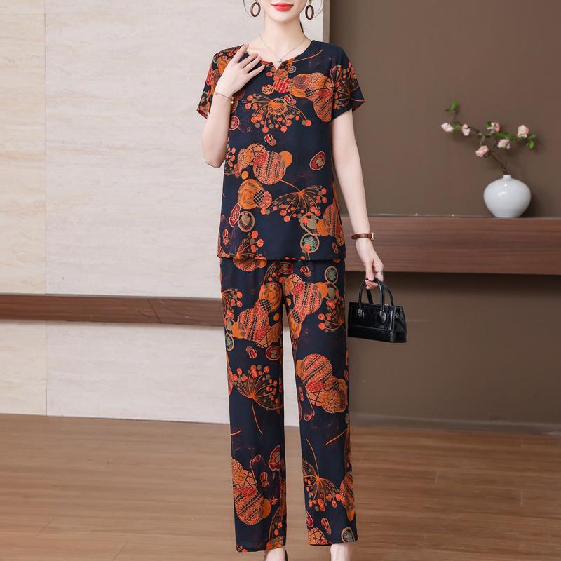 Plus Size Sommer-elegante Hosen-Sets für Frauen, Vintage-Druck, 2-teiliges Set, Damen-Outfit