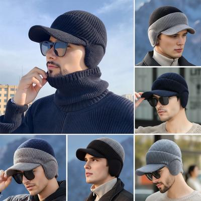Knitted Hat with Earmuffs Solid Breathable Knit Fabric Color Stretch Fit Warm Hat Outdoor Sports Headgear