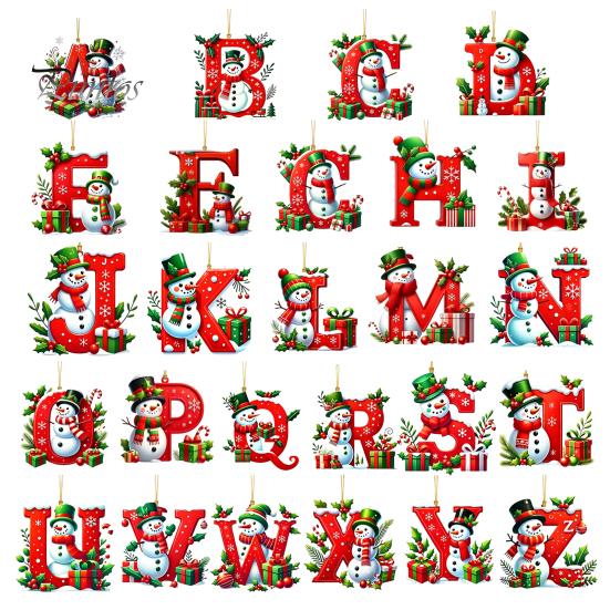 Holiday Party Scene Hanging Supplies 26Pcs Christmas Alphabet Ornament Set, 2D Acrylic A-Z Letters with Custom Xmas Tree Decor Santa Hat Snowman