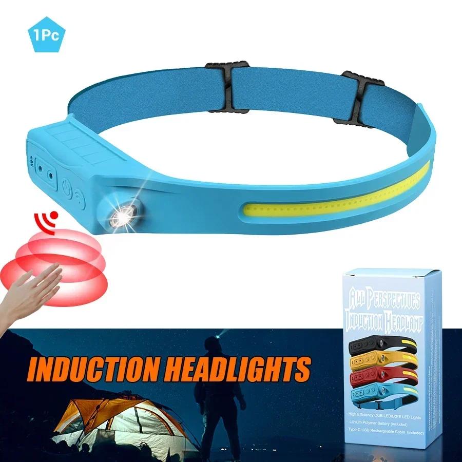 Sensor Stirnlampe LED Kopf Taschenlampe Wiederaufladbare Stirnleuchte Kopf Fackel Eingebaute Batterie 5 Beleuchtungsmodi Angeln Camping Laterne