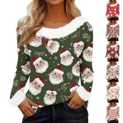 Damenmode Langarm Weihnachten V-Ausschnitt Bedrucktes Party Felliges Oberteil