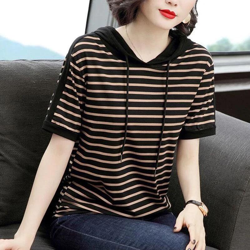 Spring and Autumn Loose Sleeved T-shirt Size Stripe Hooded Oversize Top Tops Women T-shirts Clothing