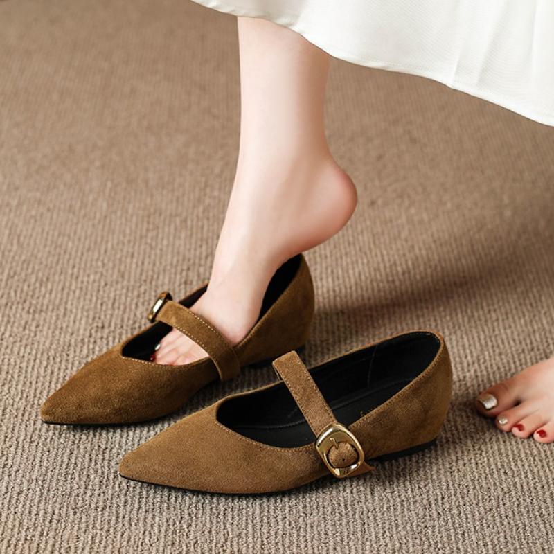 2025 Low Heeled  Women Pumps One Word Buckle Strap Design Solid  Female Shallow Mouth Pointed Toe Comfy Low Heeled Shoes