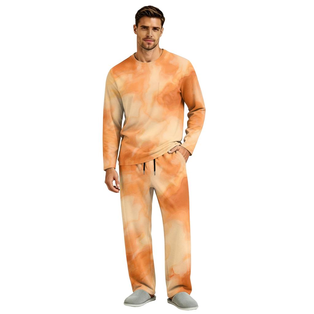 Men's Pajama Set Long Sleeve Top and Pants with Button Fly and Elastic Drawstring Waist