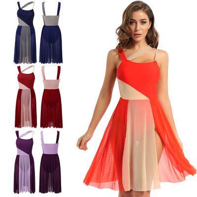 Women Adults Sleeveless Mesh Color Block Leotard Dress Modern Lyrical Contemporary Dance Costume