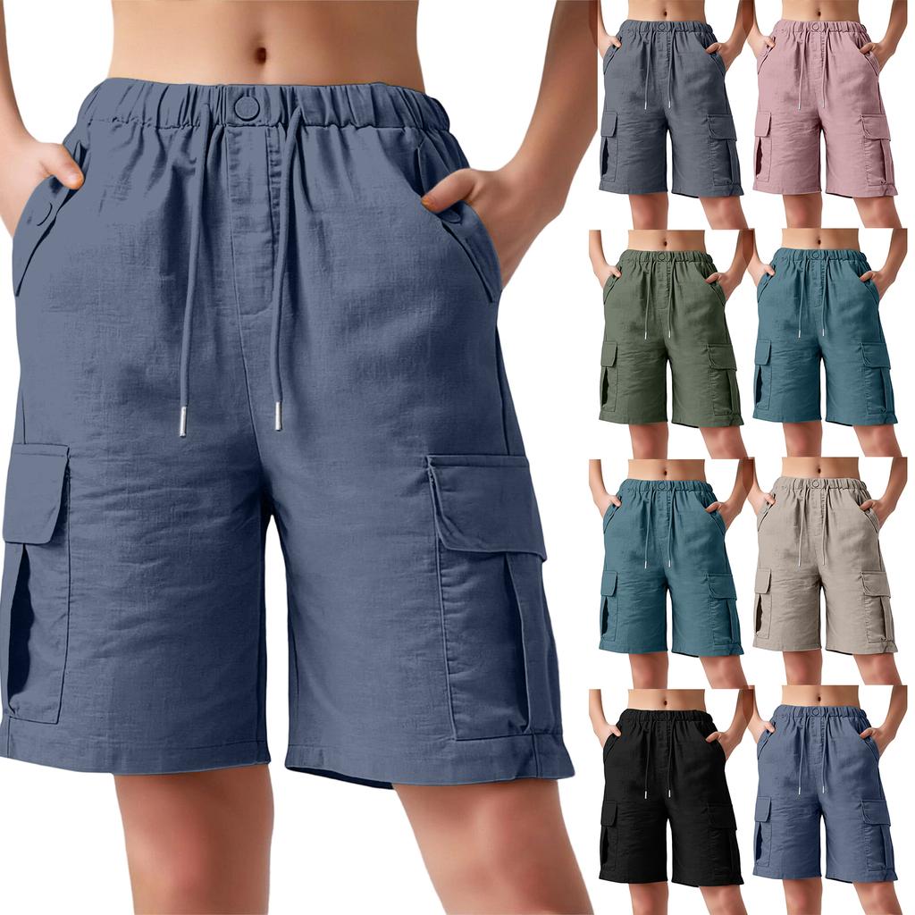 Women's Color Cotton And Linen Loose Casual Shorts With Pockets, Cropped Pants, Work Pants