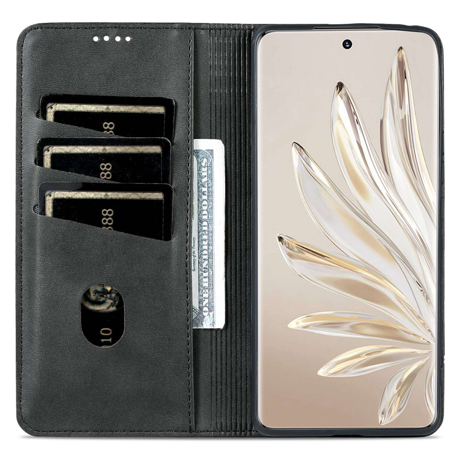 

AZNS for Honor 70 Pro 5G Shockproof PU Leather Wallet Flip Cover Magnetic Absorption Stand Anti-scratch Folio Phone Case Black
