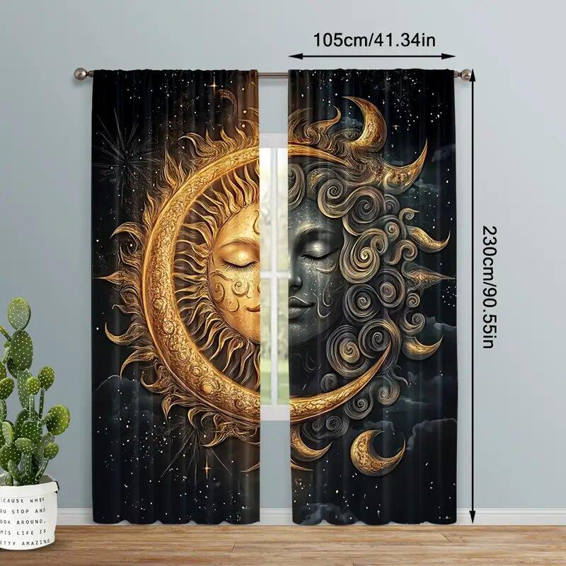 Set Of 2 Sun Moon Splicing Print Curtains Suitable Bedroom Living Room Kitchen Decoration Home Window Decor Curtain Polyester Perfect For Area
