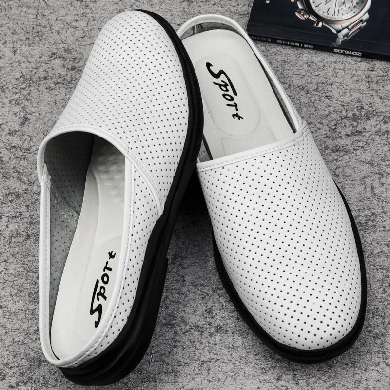 High Quality Half Shoes For Men Casual Hollow Breathable Summer Slippers Genuine Leather Mens Shoes Slip-On Flip Flops Loafers