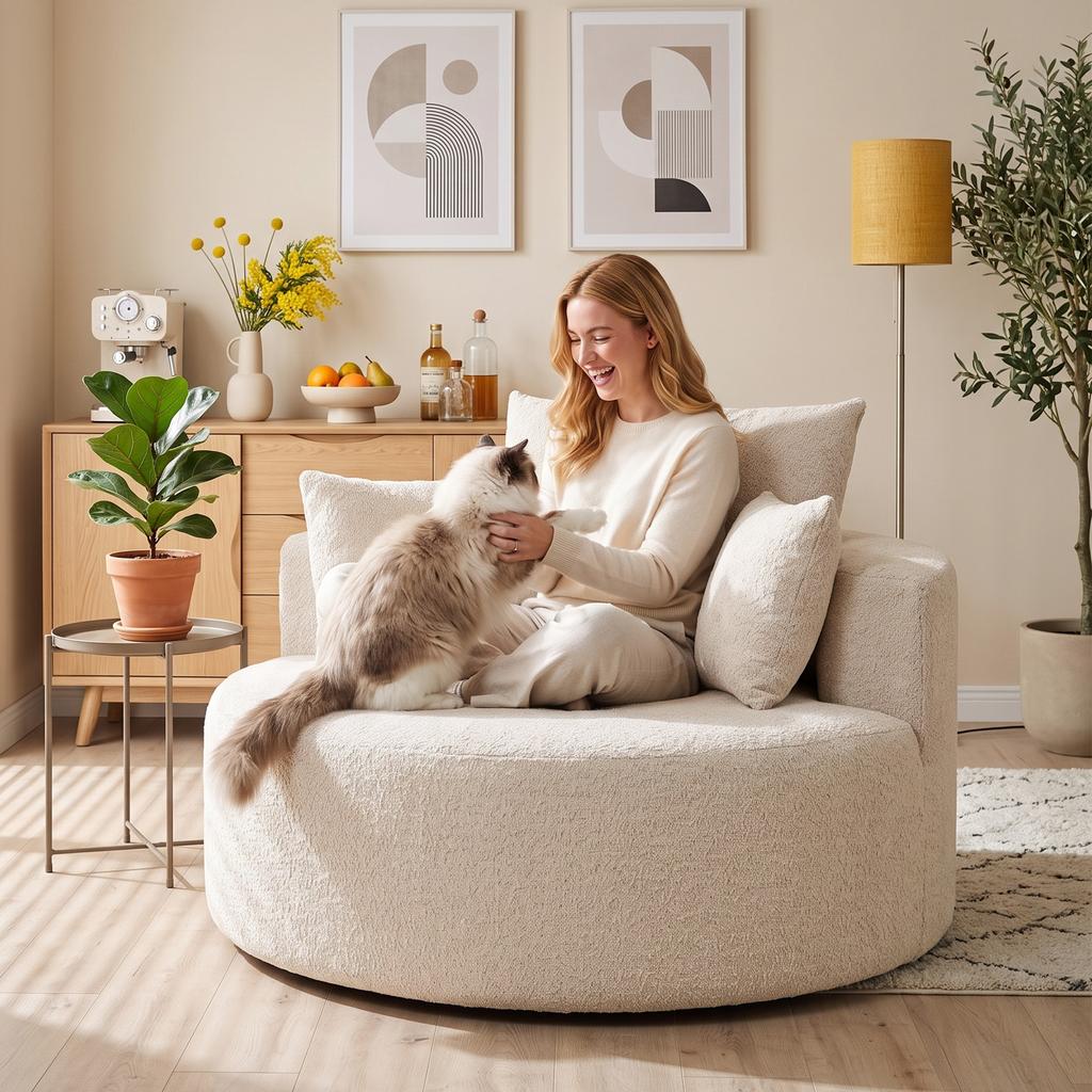 Round Chenille Ottoman Sofa, 2 Cushions, Backrest, Bolster, Load 250 kg, 130 x 130 x 82 cm, Cream