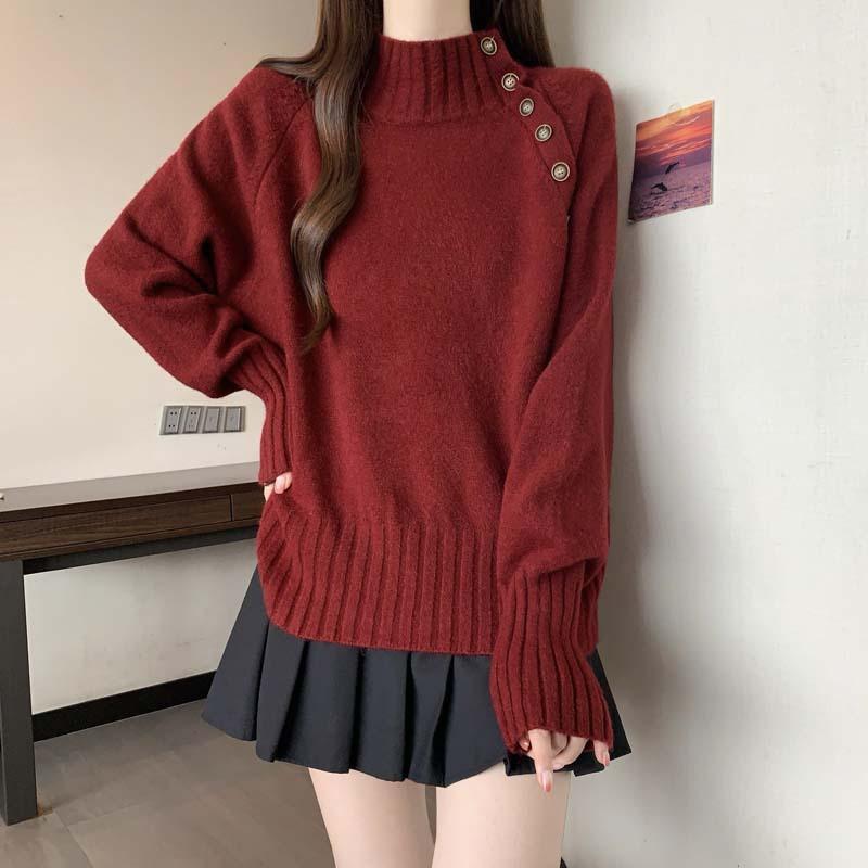 Japanese and Korean Autumn and Winter Minimalist Korean Style Half-high Neck Knit Sweater Women's Plus Size Versatile Casual Top Outerwear