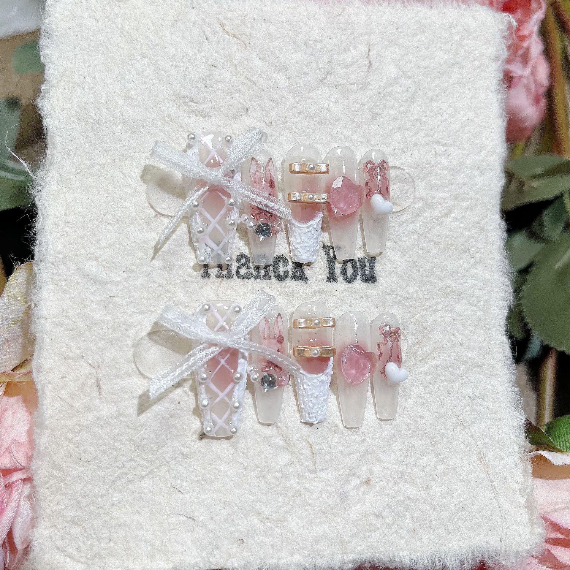 

Сладкий Мишка Крем Балетные Накладные Ногти с Блестками Ручной Работы - Съемные Накладные Ногти для Маникюра Small