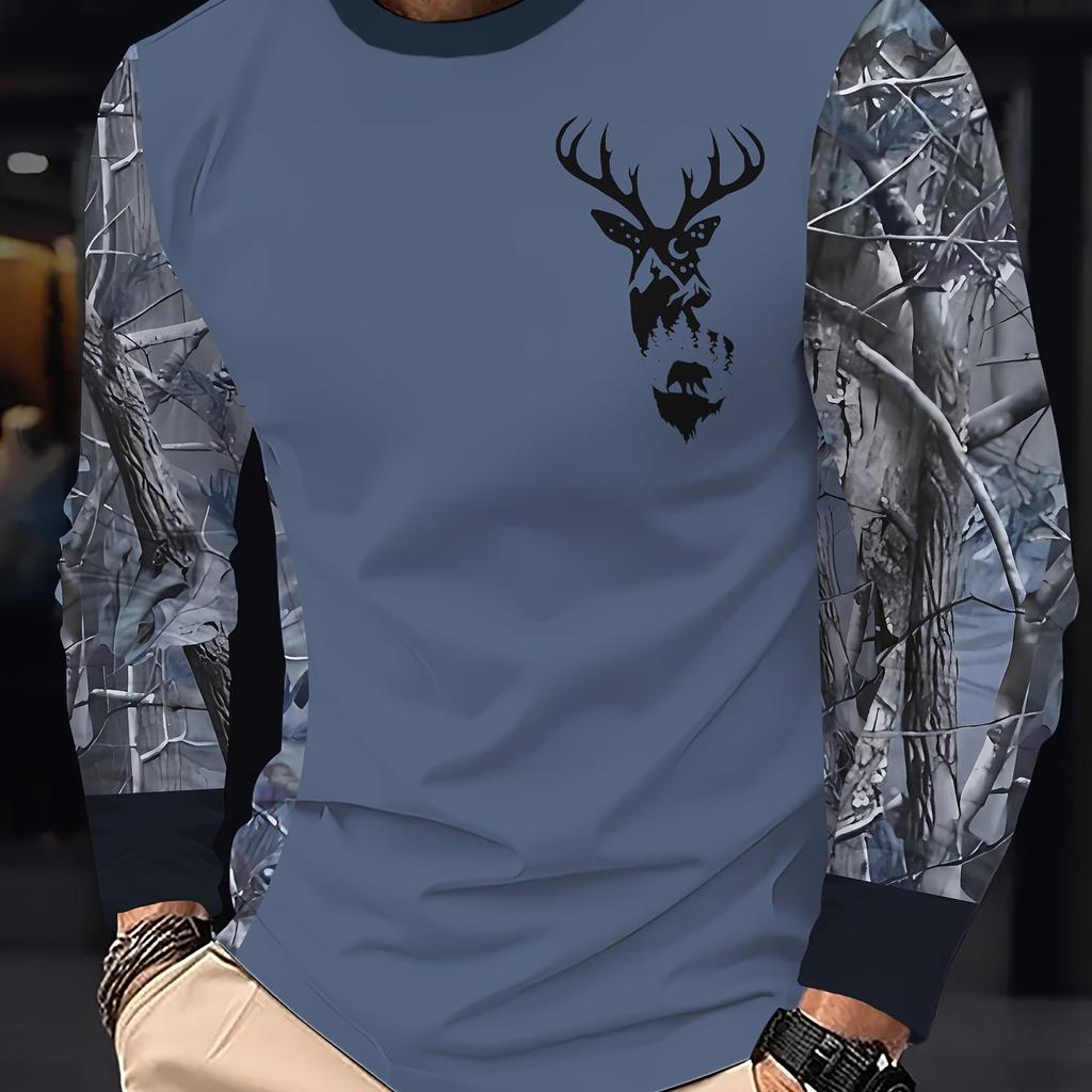 Men's Long-Sleeve T-Shirt - Deer Head and Antlers Pattern, Casual Crew Neck T-Shirt