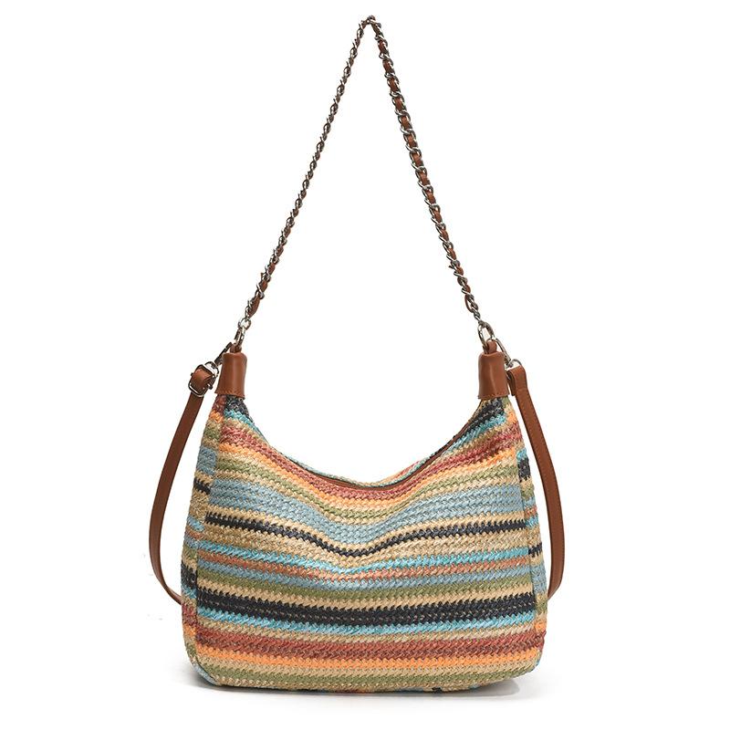 Summer new fashion contrasting color striped bag women's niche design woven bag large capacity shoulder dumpling bag