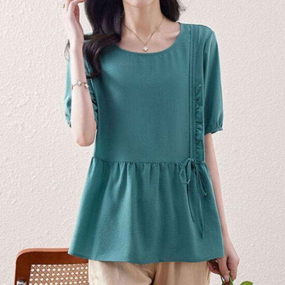 Navava Women Romantic Frill Solid Round Neck Short Sleeve Blouse Nb2250