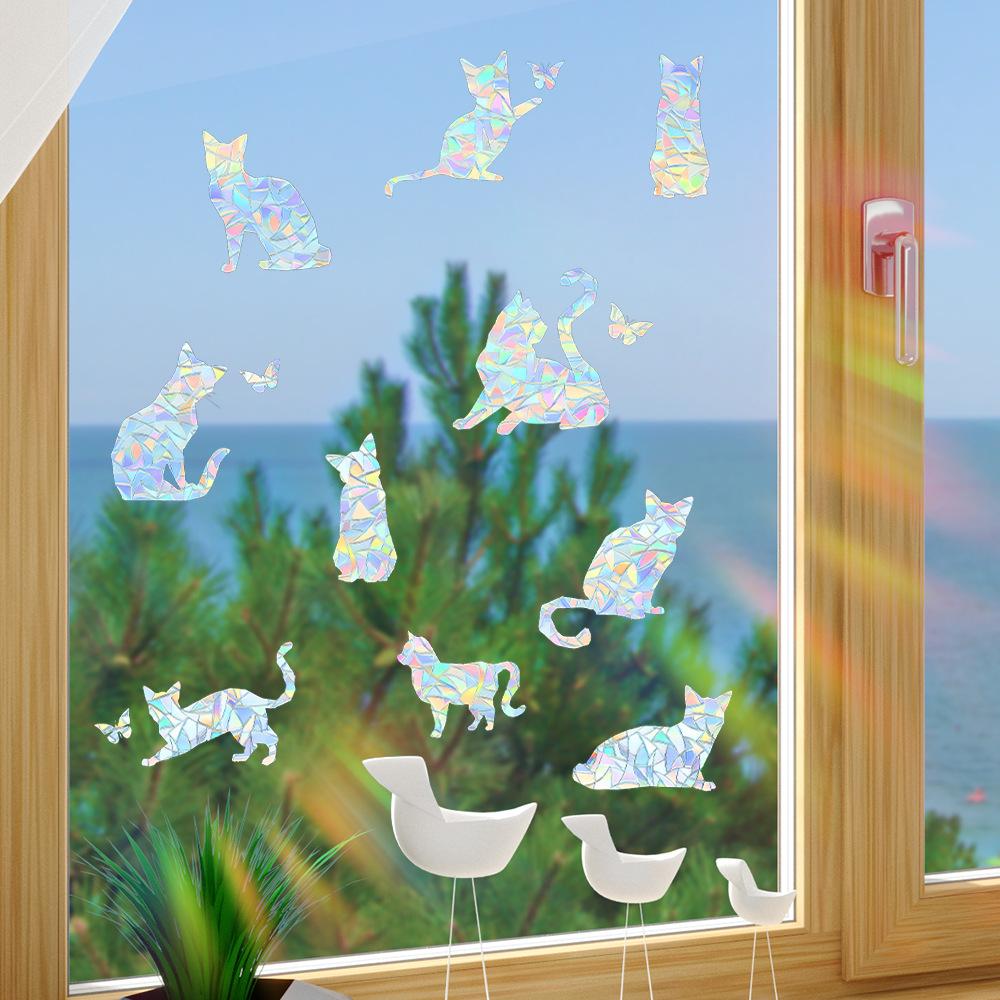 Cartoon Animal Cat Laser Colorful Glass Door and Window Background Beautification and Decoration Window Stickers