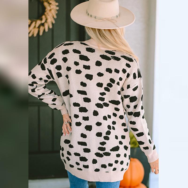 Strickjacke mit Leopardenmuster, lässiges mittellanges Langarm-Top für Damen