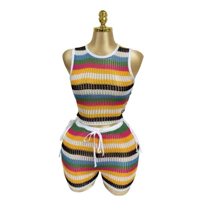 

European and American Fashion Casual Beach Vacation Knit vest Shorts Set Tank Top and Shorts Set Stripes All yards