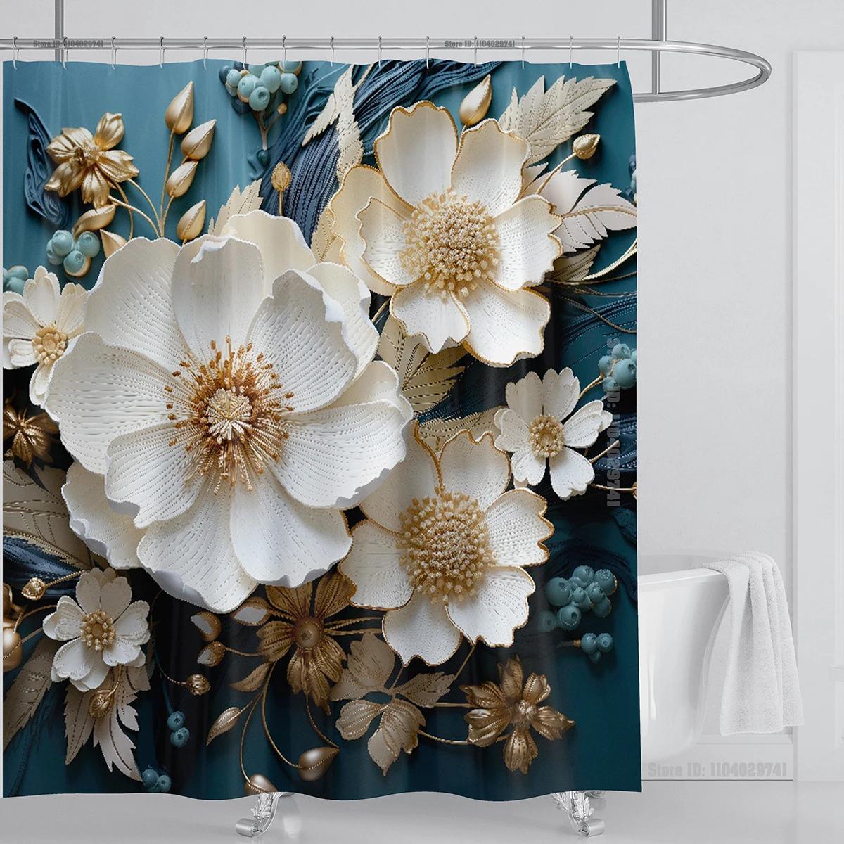 

3D Print Chinese Style Luxury Diamond Flower Shower Curtain Polyester Fabric Bath Curtains High Quality With Hooks Bathroom Mat W60H190(CM)-1 Pcs