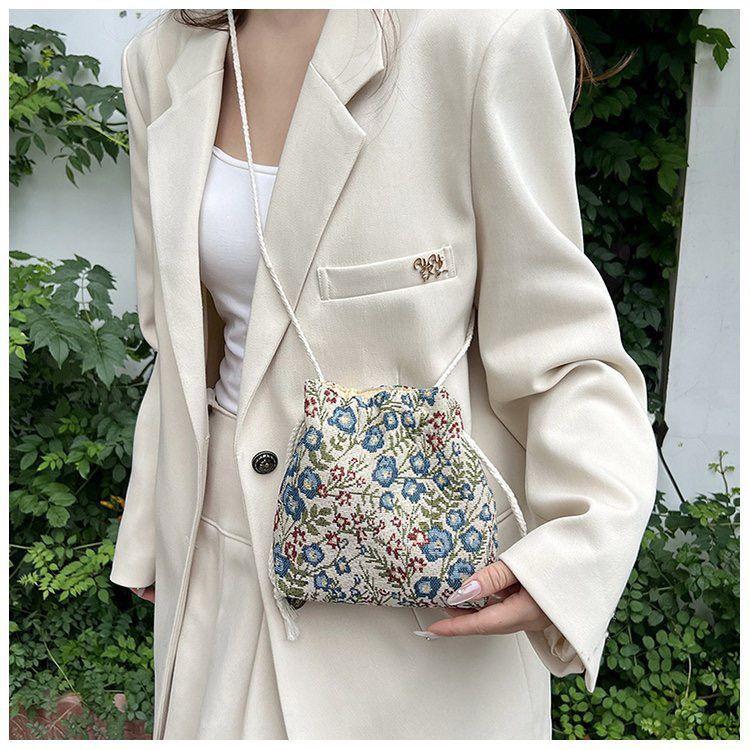 Umhängetasche Kordelzug Canvas Damentasche Blumenstickerei Ethno-Stil Kleine Tasche Crossbody Bucket Bag